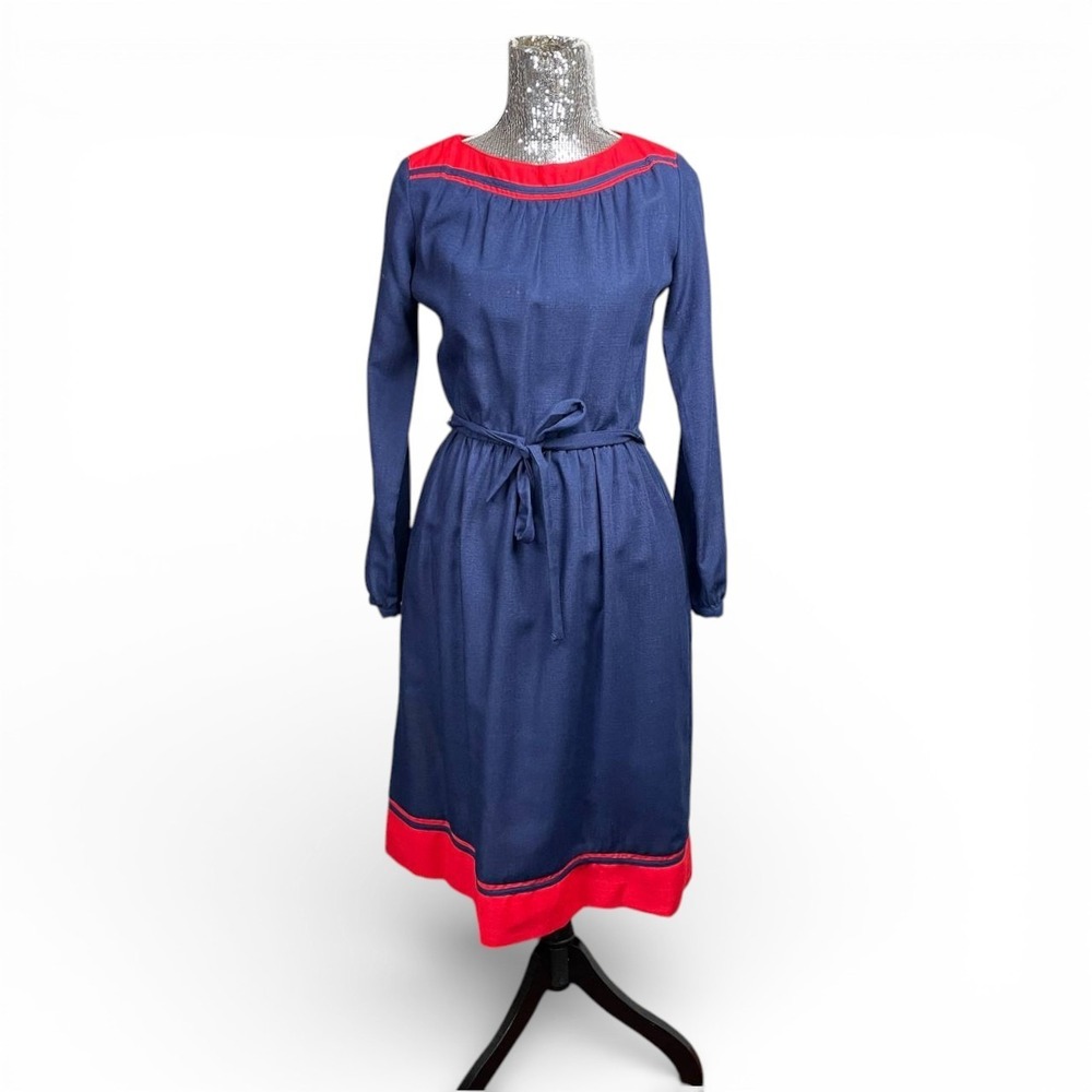 Vintage 70s Prairie Red Navy Americana‎ Midi Dress XS Long Sleeve Belted Modest